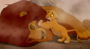 imatge d'en Simba amb el seu pare mort