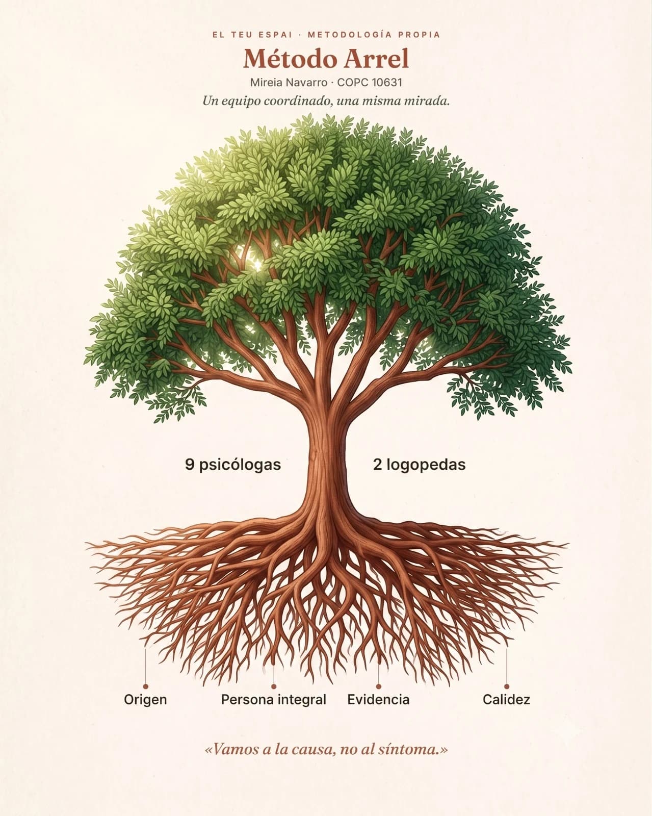 El Método Arrel ilustrado como un árbol: la copa es el equipo y las raíces, los principios; lema «vamos a la causa, no al síntoma».